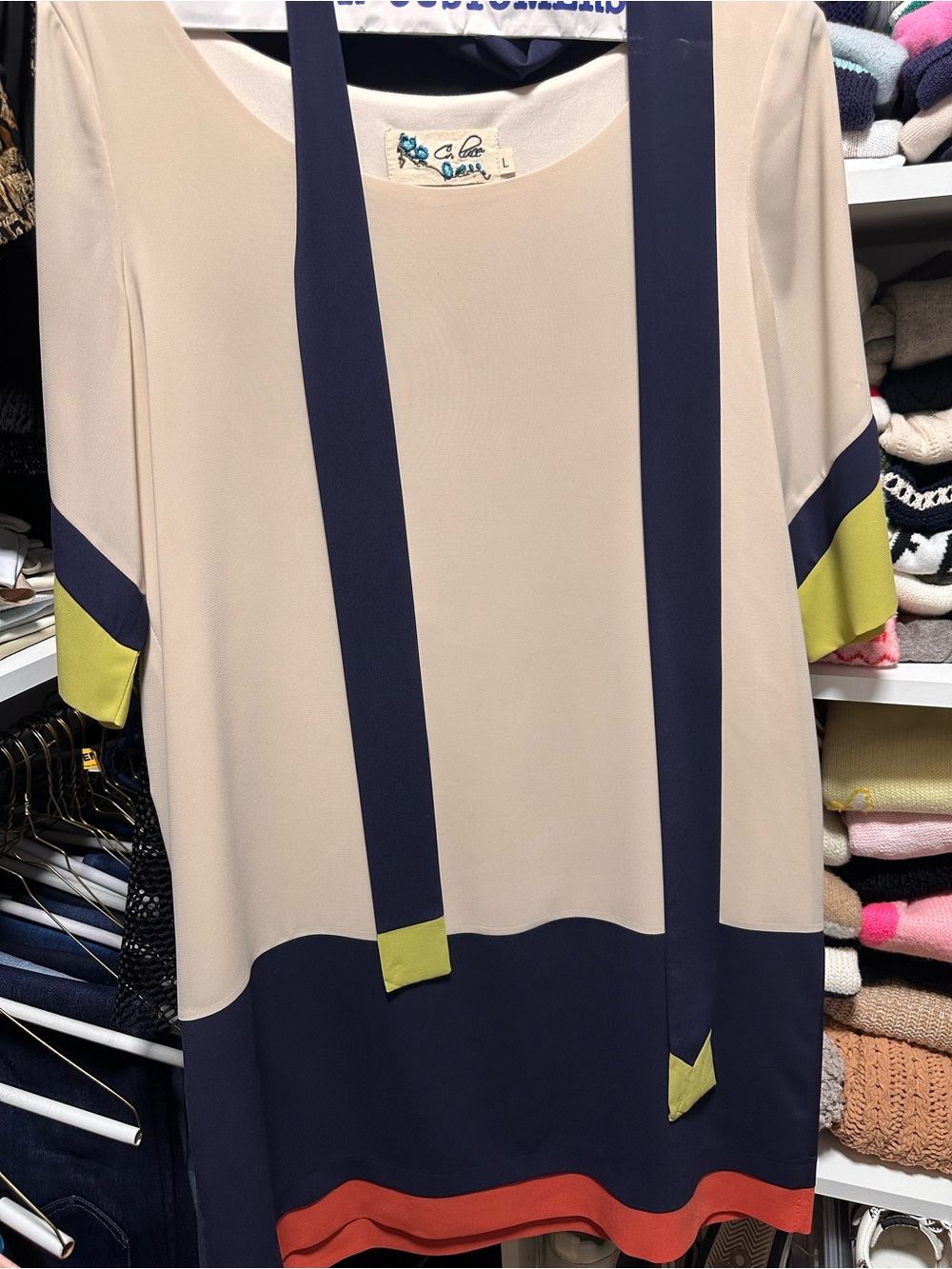 Colorblock Short Sleeve Tunic Top - Navy, Cream & Lime -